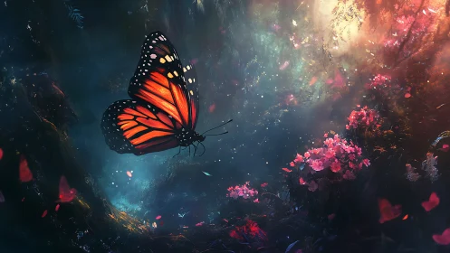 Monarch butterfly in glowing fantasy forest scene.