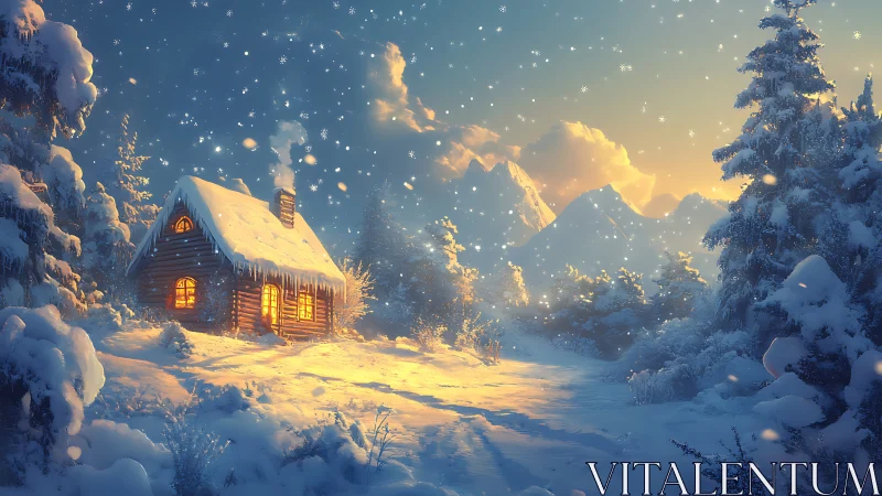Snowlit log cabin under golden winter dusk sky.