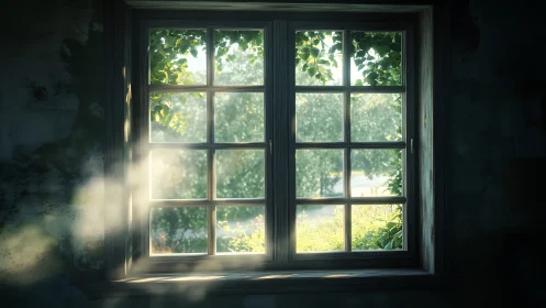 Sunlit rustic window framing soft garden greenery.