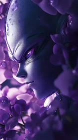 Alien android portrait amid dense violet blossoms.