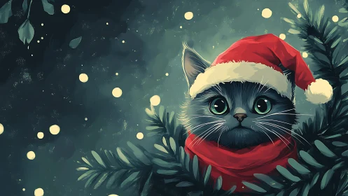 Festive digital portrait of wide-eyed cat in Santa hat