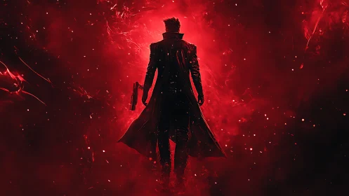 Silhouetted figure stands in red backlit nebula-like haze