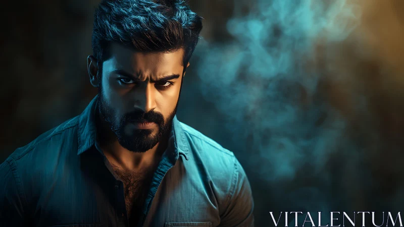 Moody portrait of intense man in cinematic neon haze.