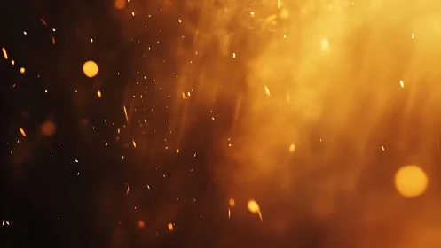 Close-up of glowing embers and sparks in warm golden light, abstract style.