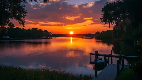 Radiant river sunset illuminates tranquil wooden dock scene.
