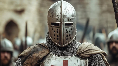 Crusader-era chainmail infantryman in full visored helm armor.