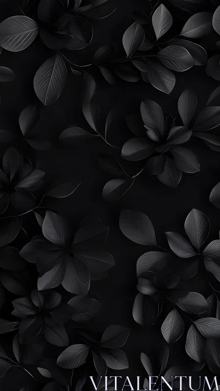 Monochrome botanical relief with layered matte black foliage forms