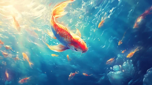 Luminous koi school with volumetric underwater light gradients.