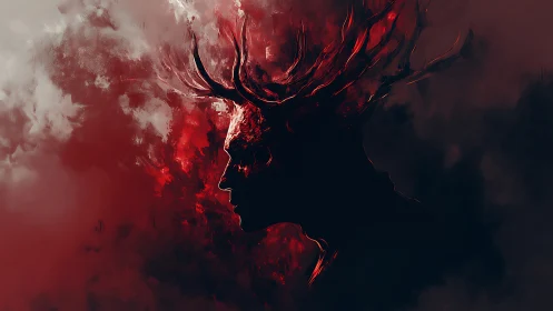 Horned silhouette in red-black atmospheric digital portrait study