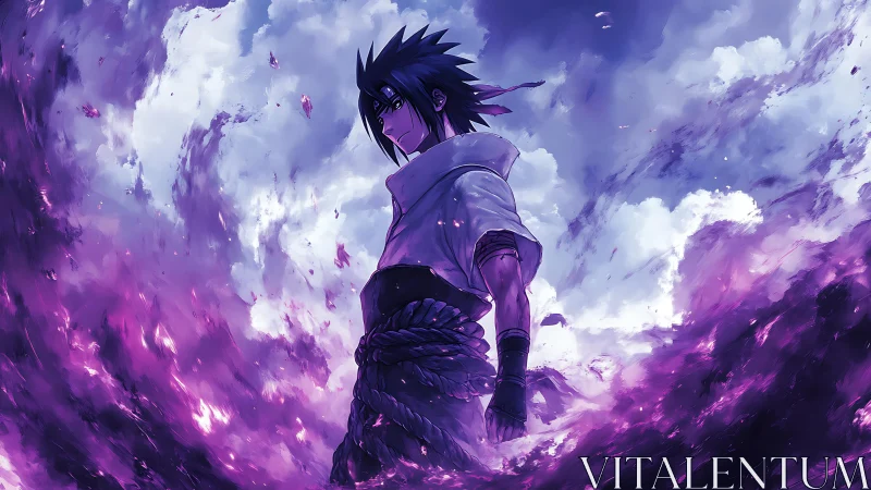 Anime swordsman stands amid swirling purple energy clouds