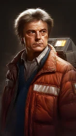 Timeworn tinkerer in ember jacket before humming machine.