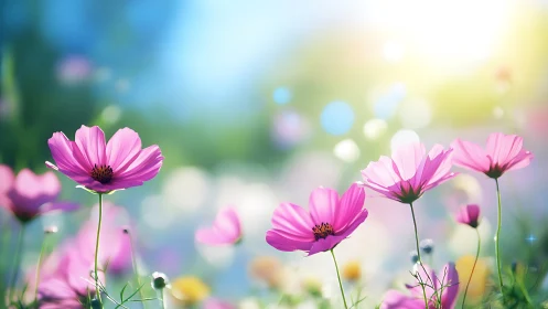 Pink cosmos flowers bloom in soft sunlight and blur