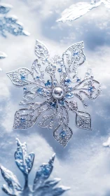 Intricate silver snowflake brooch with blue gemstones rests on snow