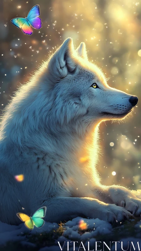 Luminous white wolf with iridescent butterflies at dusk.