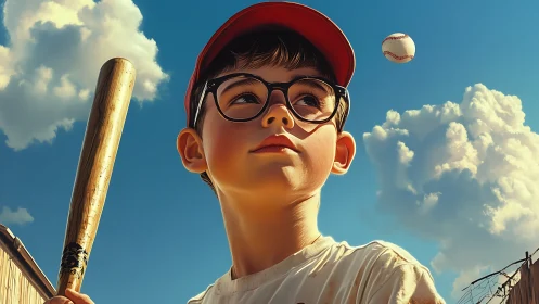 Young baseball player rendered in nostalgic digital realism