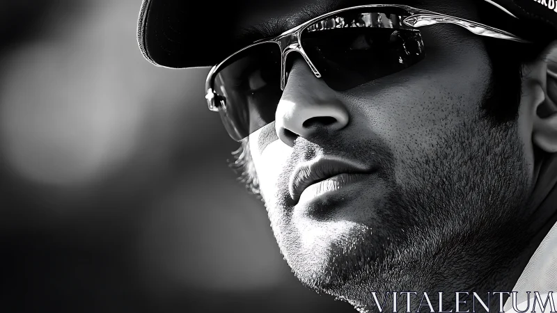 Monochrome close-up male portrait with reflective sunglasses.