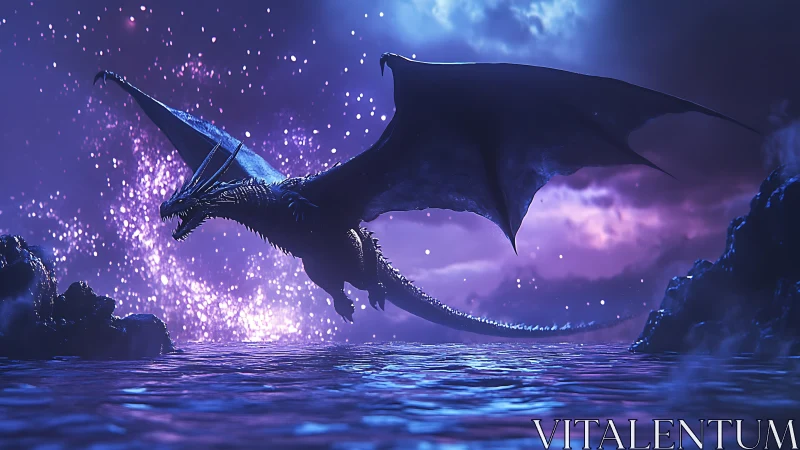 Midnight dragon soaring over a sparkling enchanted sea.