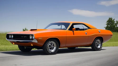 Bright orange classic muscle car glows on open country road.