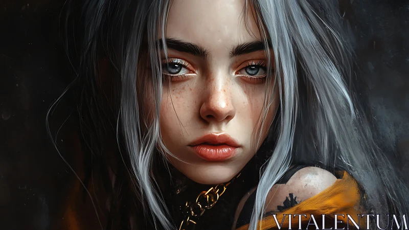 Storm-eyed young woman in hyperreal fantasy portrait.