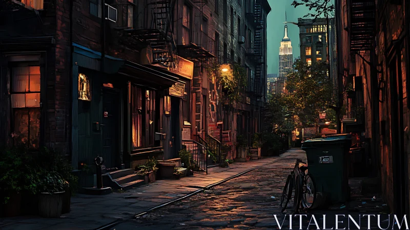 Golden city evening settles gently over a quiet alley