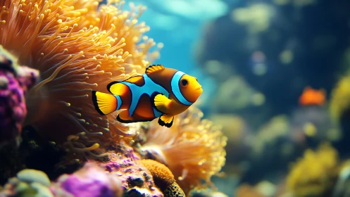 Bright reef clownfish drifting through a colorful coral home.