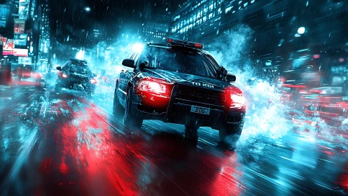 Police pursuit car accelerates through wet neon city street