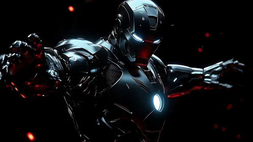 Futuristic black armored mech in dynamic combat pose.