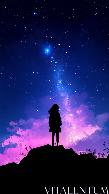 Silhouetted observer studies dense starfield over magenta nebula