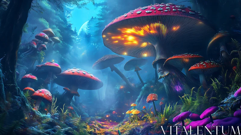 Glowing forest mushrooms guiding a cozy moonlit wander.