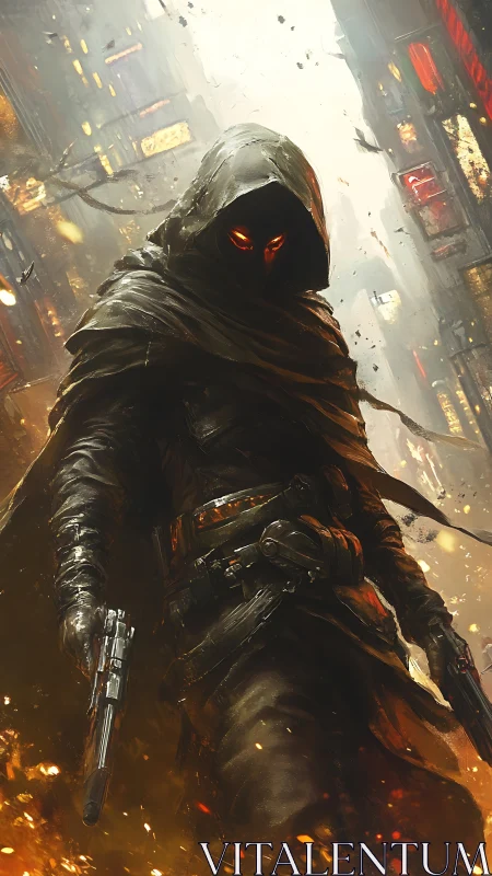 Hooded gunfighter stalks neon alleys through drifting embers.