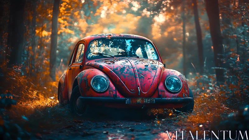 Rusty red beetle rests in a glowing autumn forest path