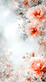 Coral Peonies Bloom Through Crystalline Frost Whispers.