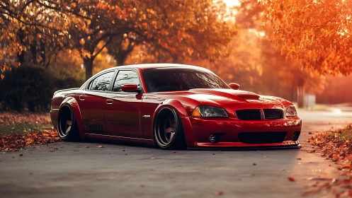 Low-slung red sports sedan under golden autumn foliage.