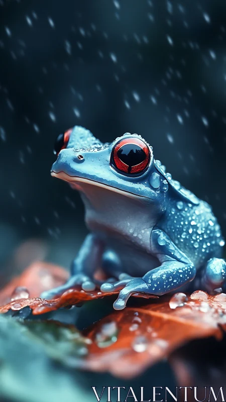 Blue tree frog with red eyes sitting on wet leaf in rain.