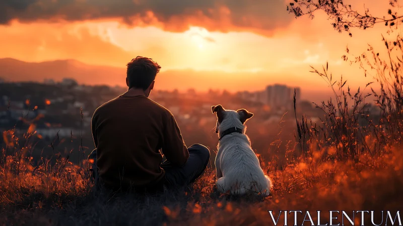 Quiet hillside sunset shared by a man and his dog.