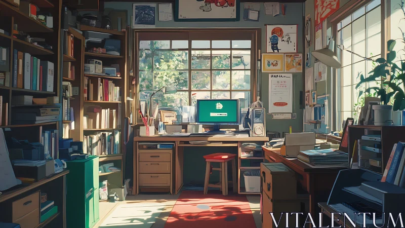 Sunlit home office with bookshelves, desk, and computer.