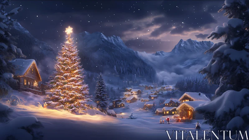 Illuminated alpine village under starry nocturnal snowfall.