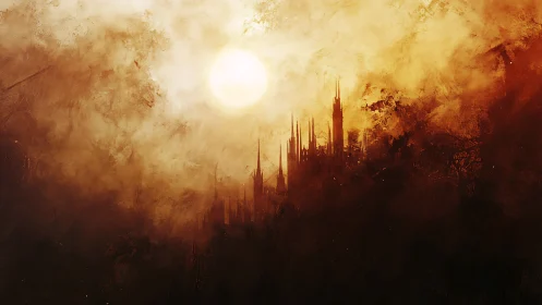 Sun-scorched gothic citadel in atmospheric digital painting.