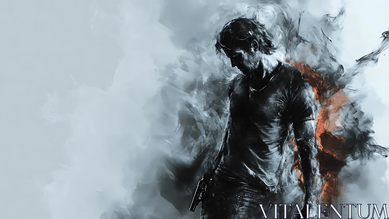 Storm-lit loner drifting through smoke and quiet embers.