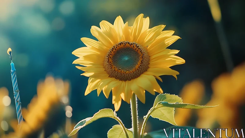 Golden Sentinel: Sunflower's Bold Gaze Into Turquoise Reverie.