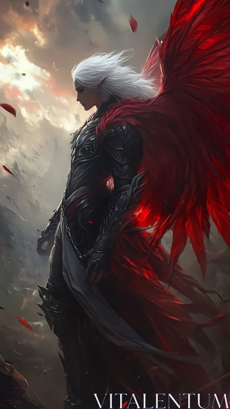 Dark angel in crimson wings surveys a stormlit battlefield.