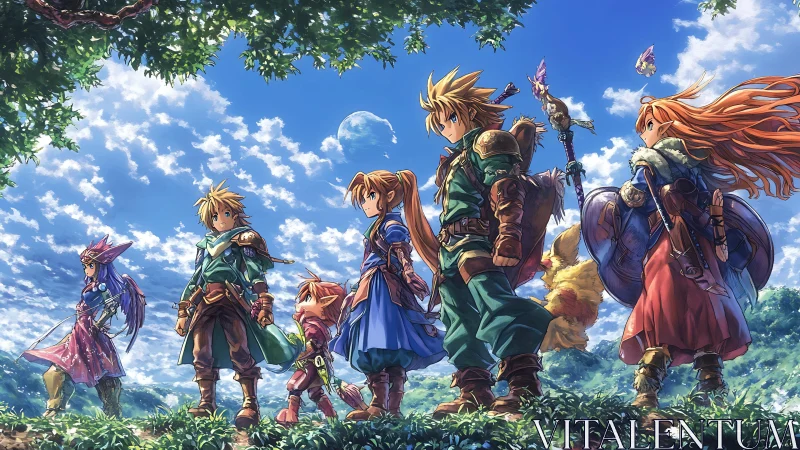 Skybound fellowship strides through windswept emerald valleys.