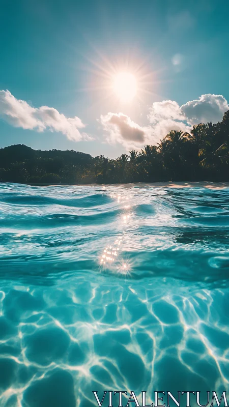 Sunlit tropical lagoon with shimmering turquoise water reflections.
