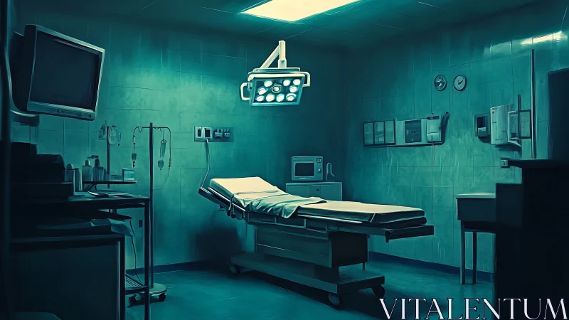 Dimly lit surgical room with empty operating table scene.