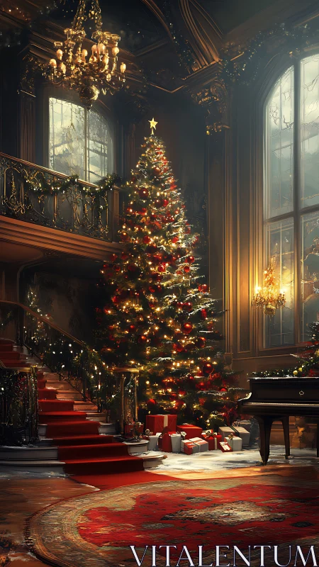 Grand Christmas tree glows warmly in an elegant manor hall