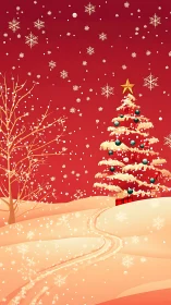 Snowy red Christmas landscape glows with festive warmth.