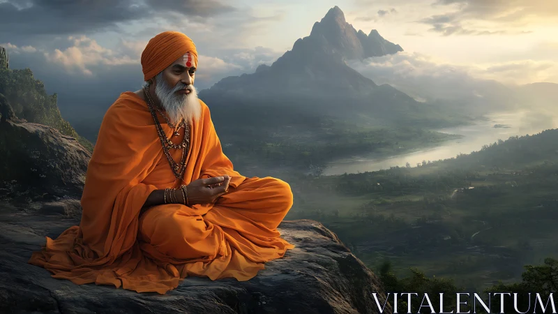 Meditative sage contemplates above misty valley at sunrise.