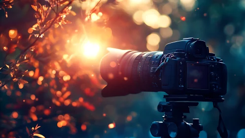 DSLR camera captures golden sunset through forest bokeh.