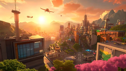 Golden sunset glows over a colorful futuristic harbor cityscape