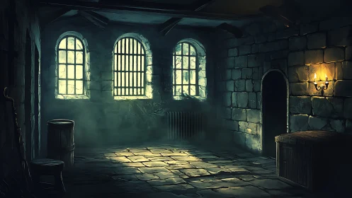 Moody medieval stone chamber rendered in atmospheric digital painting